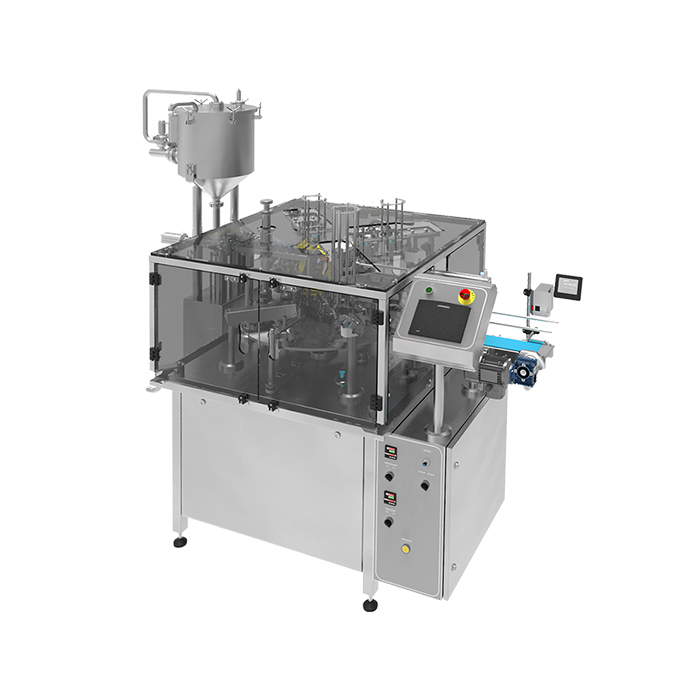 Single-lane cup filling and sealing machine RCF-1 for plastic cups and containers, ensuring precise filling and secure sealing for various packaging applications.