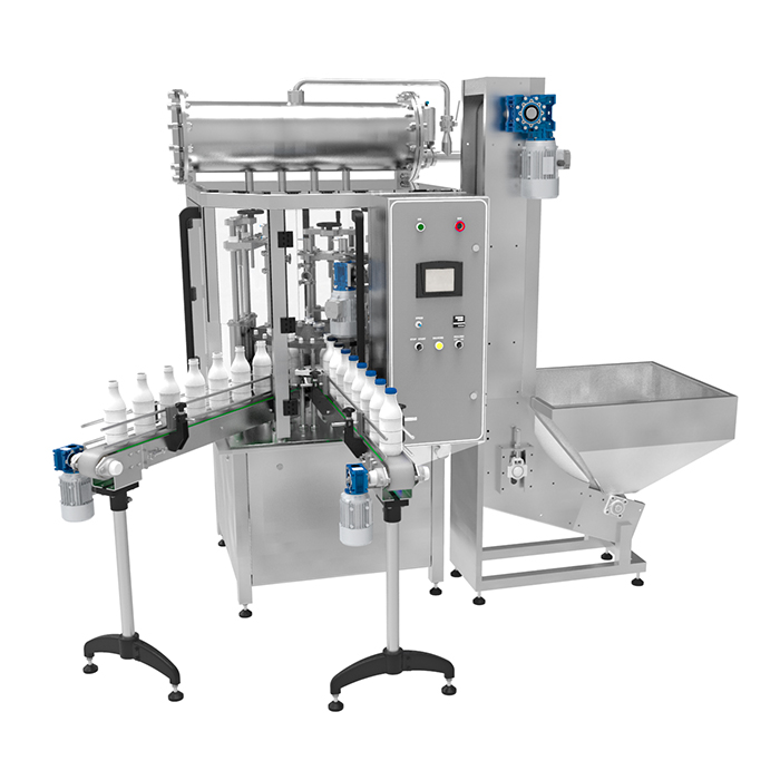 Automatic bottle filling and capping monobloc for PET, HDPE, and glass bottles, ensuring efficient and precise filling with secure capping in a single system.