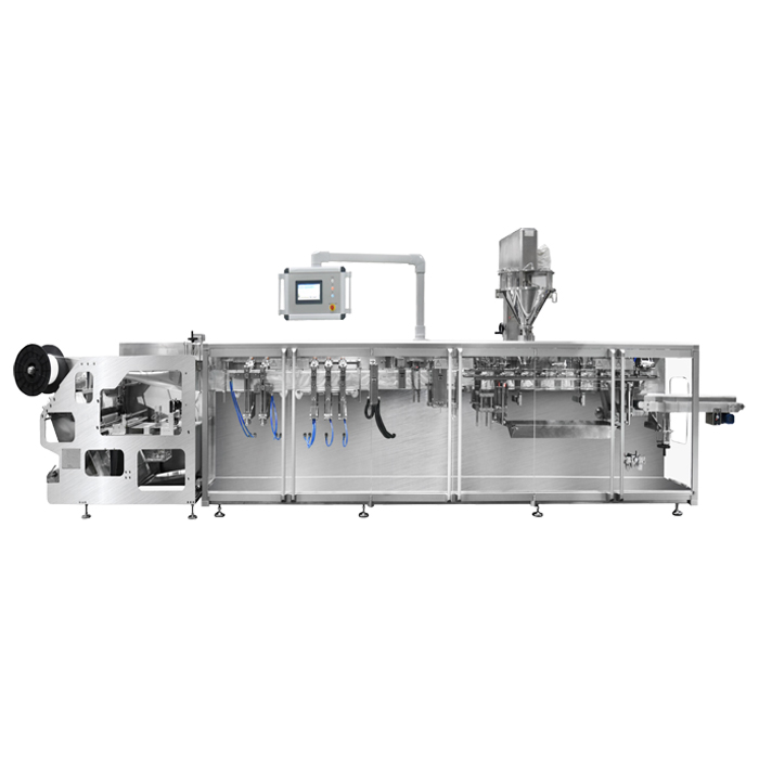 Doypack Form-Fill-Seal machine for filling and sealing zip-lock Doypack pouches, featuring a servo-driven auger filler for precise dosing of powdered products.