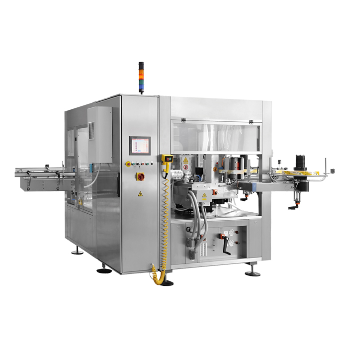High-speed roll-fed labelling machine applying BOPP labels to PET and HDPE bottles in the dairy and beverage industries.