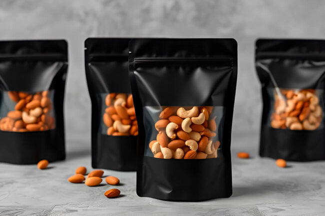A variety of nuts packaged in resealable Doypack pouches, highlighting airtight sealing and high-barrier materials for freshness and extended shelf life.