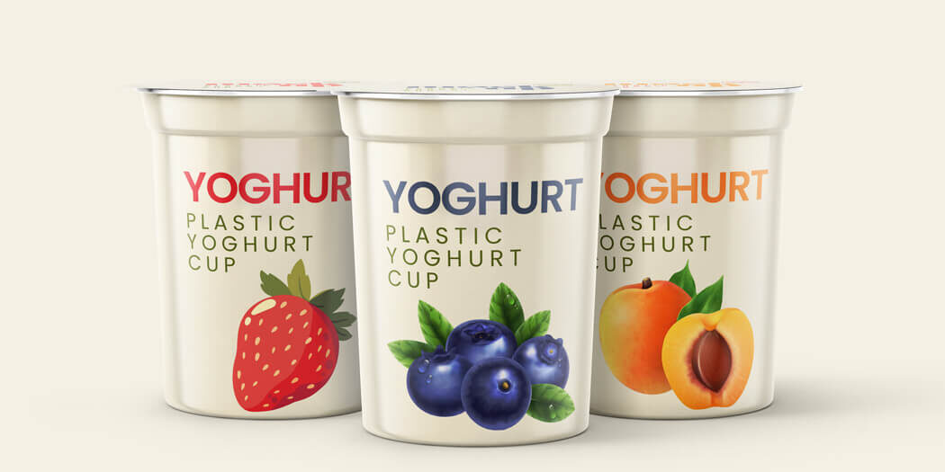 Yoghurt cups displayed on a plain background, showcasing the packaging design and appearance of yoghurt cups for filling