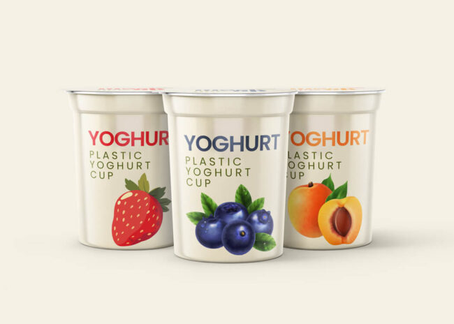 Yoghurt cups displayed on a plain background, showcasing the packaging design and appearance of yoghurt cups for filling