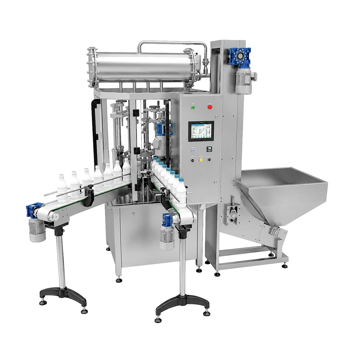 Automatic bottle filling and capping monobloc for PET, HDPE, and glass bottles, ensuring efficient and precise filling with secure capping in a single system.