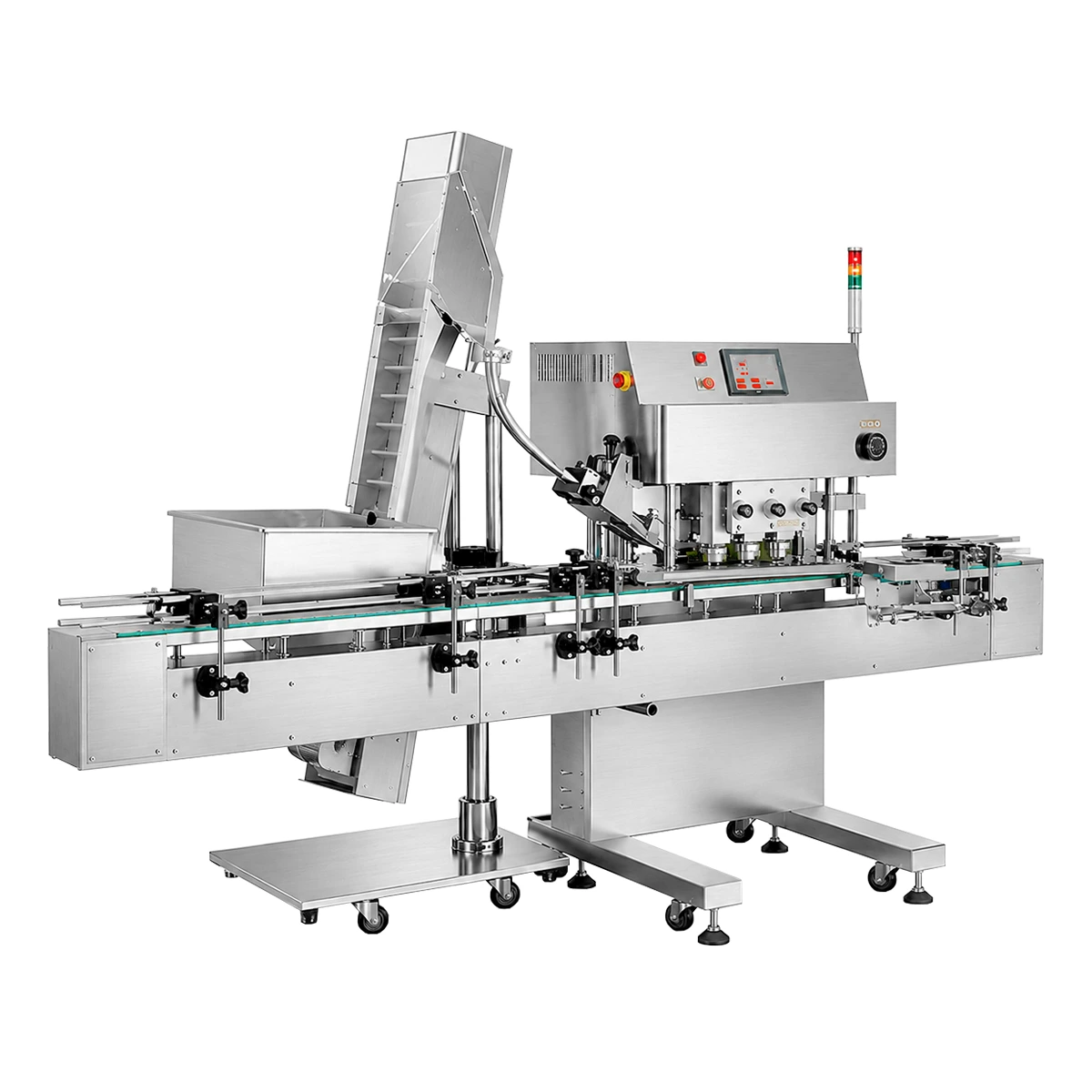 Bottle Capping Machine with Friction Rollers System applying caps to bottles for secure and consistent sealing. Suitable for various bottle sizes and cap types