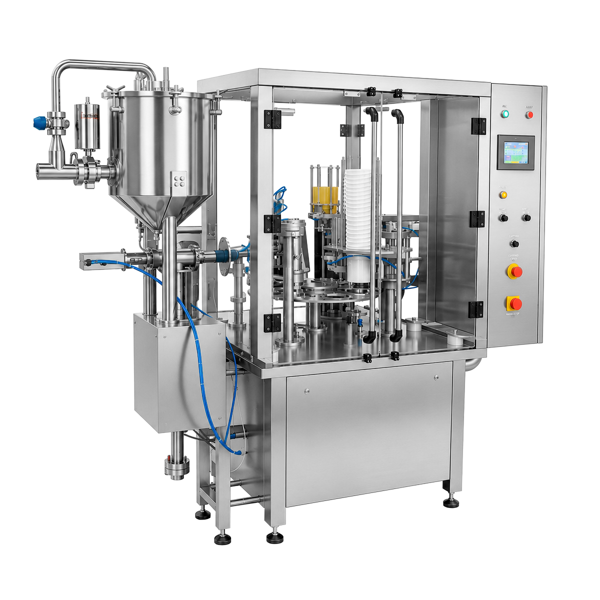 Rotary bucket filling machine RTF-1 Automatic bucket filling and lidding machine for efficient packaging of food and non-food products, ensuring precise filling and secure lid application.
