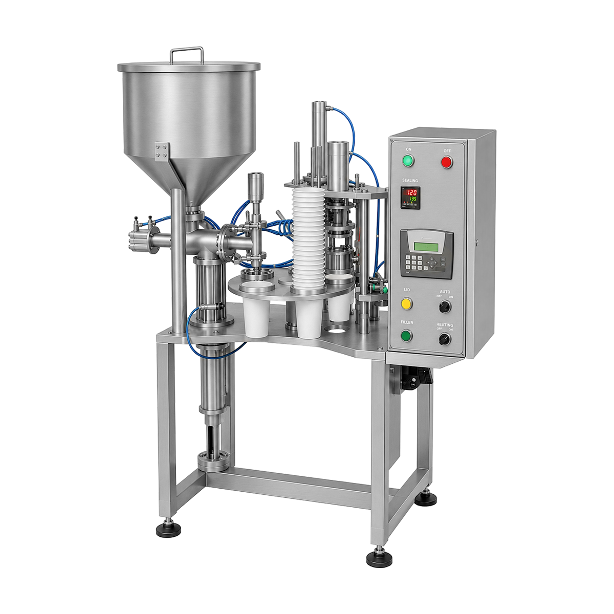 Semi-automatic cup filling and sealing machine for pre-made plastic cups and containers, ensuring accurate filling and secure sealing for dairy and food applications.