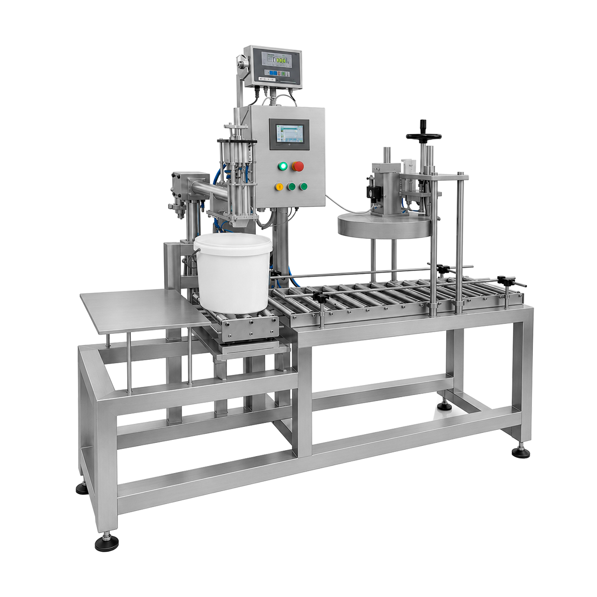 Semi-auto bucket filling machine SATF-1 Semi-automatic bucket and tub filling and lidding machine for efficient packaging of food and non-food products, ensuring precise filling and secure lid application.