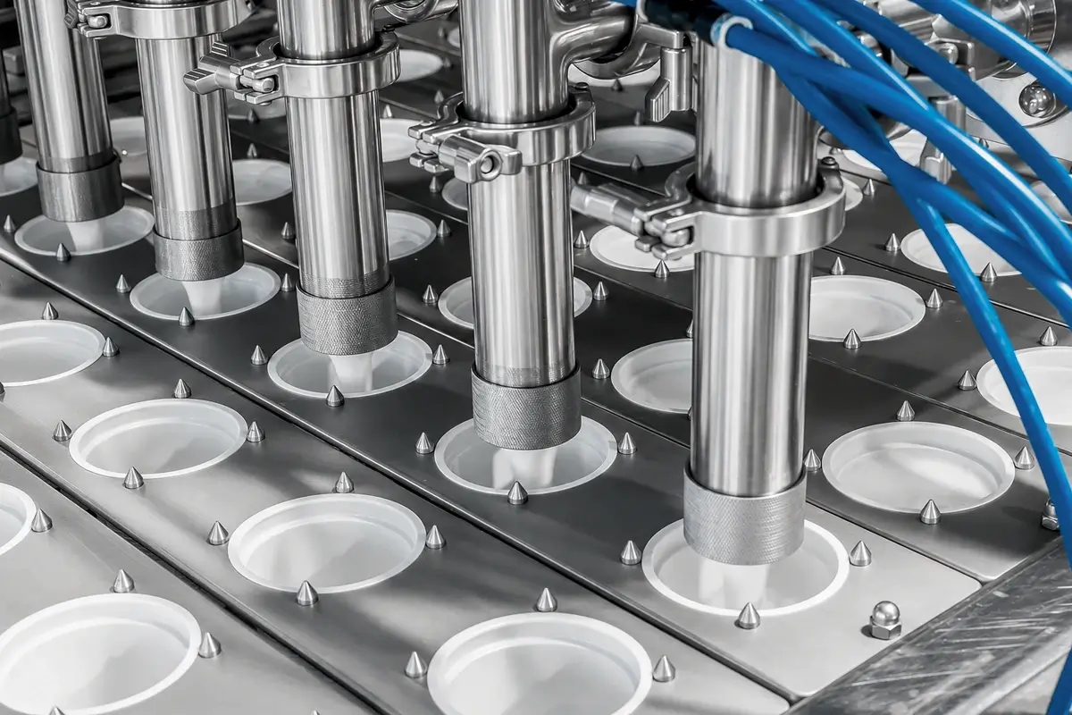 Cup filling machines for filling products in plastic cups